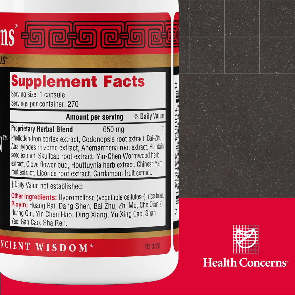 Health Concerns Phellostatin capsules close-up showing herbal blend for microbiome balance