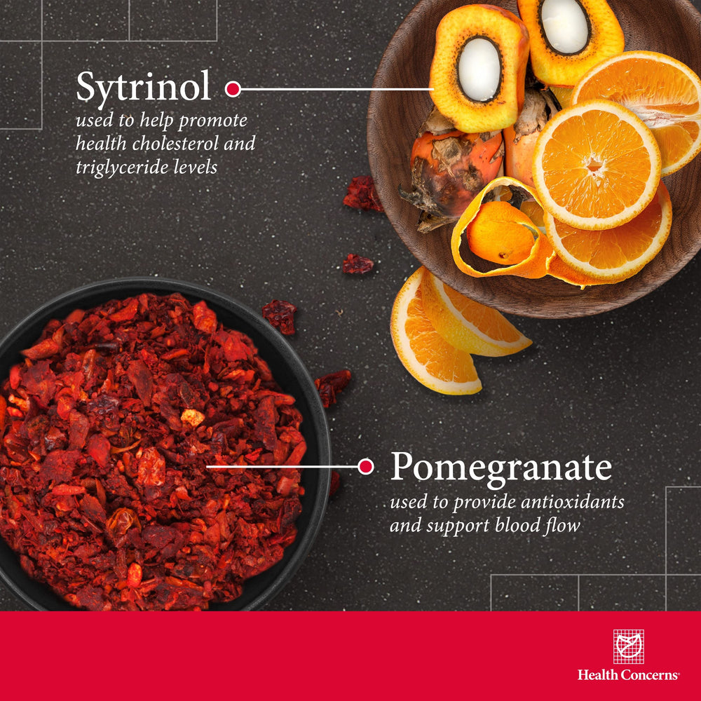Label close-up highlighting Sytrinol and pomegranate blend for antioxidant support.
