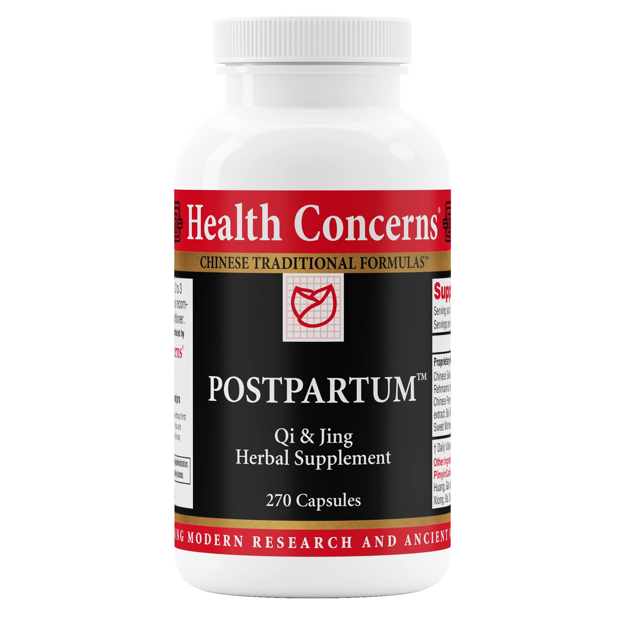 Health Concerns postpartum recovery bottle with capsules supporting uterine cleansing and energy balance.