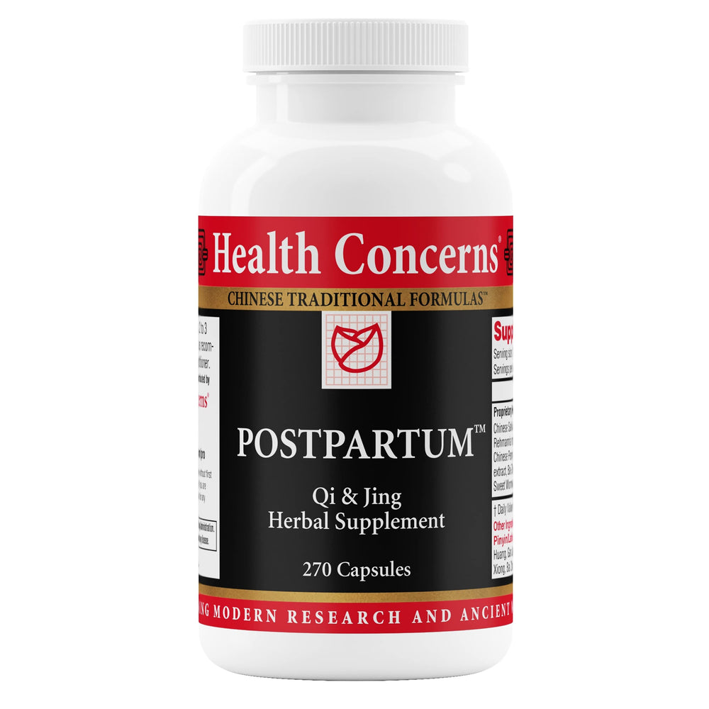 Health Concerns postpartum recovery bottle with capsules supporting uterine cleansing and energy balance.