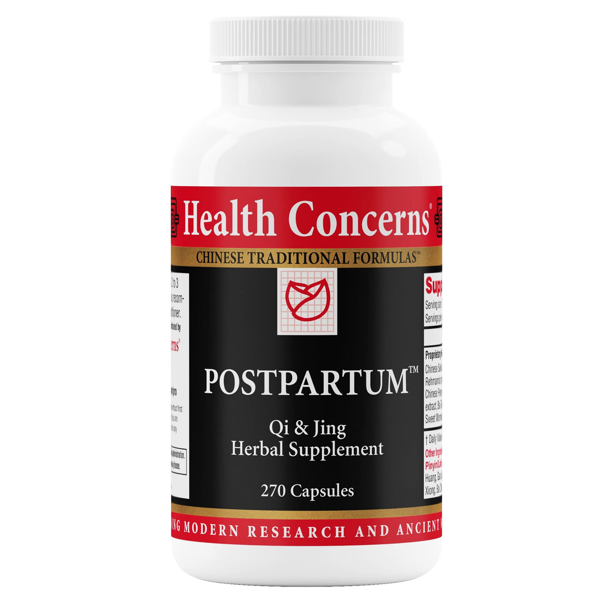 Health Concerns postpartum recovery bottle with capsules supporting uterine cleansing and energy balance.