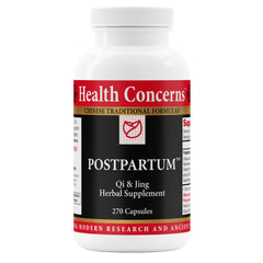 Health Concerns postpartum recovery bottle with capsules supporting uterine cleansing and energy balance.