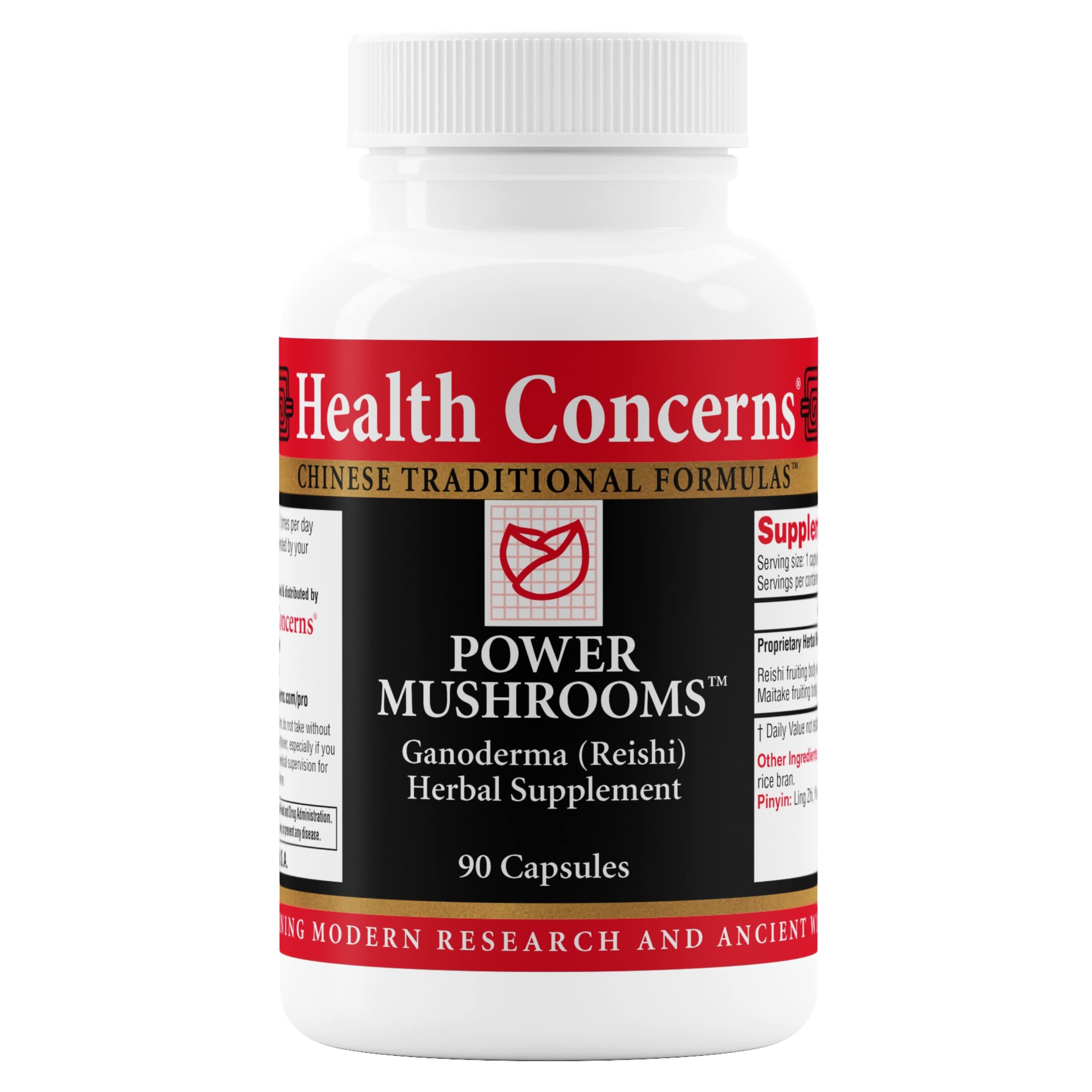 Health Concerns Power Mushrooms bottle front showing 90 capsules for daily use