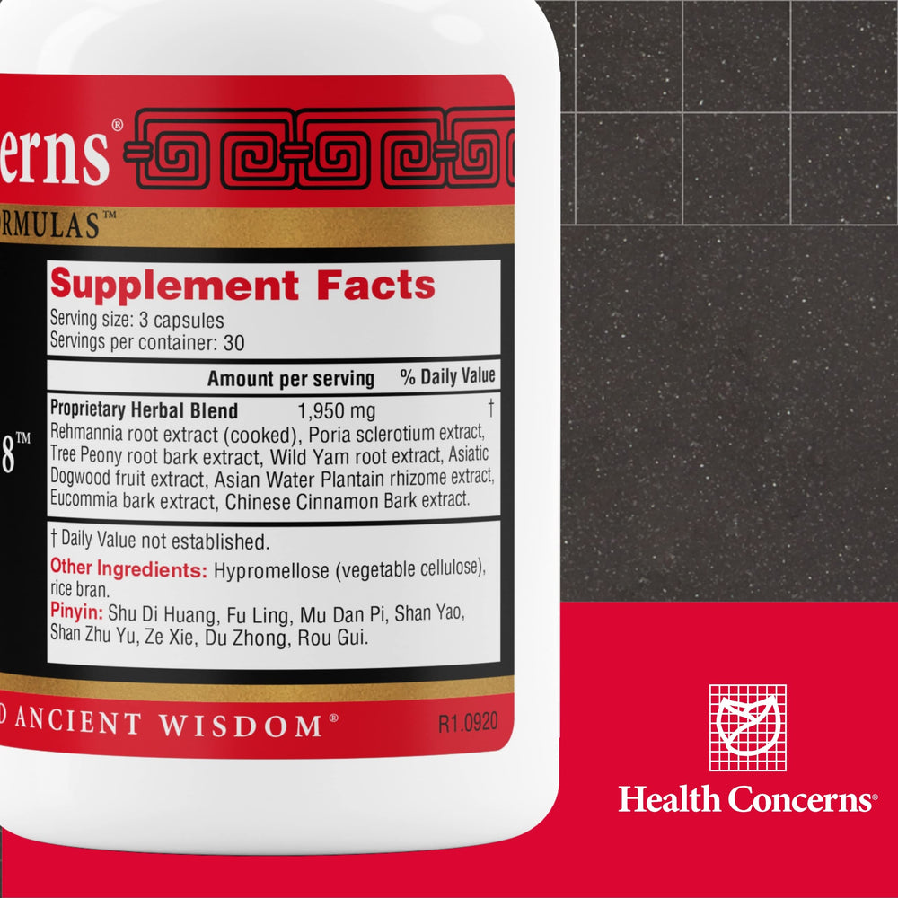 Health Concerns Rehmannia 8 capsules closeup for easy daily use