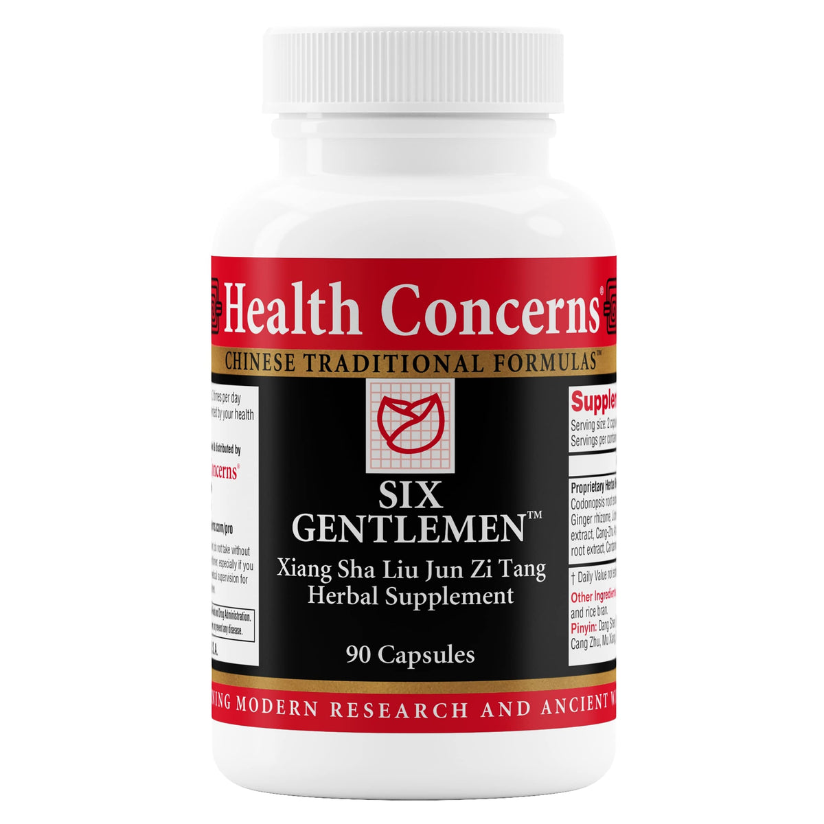 Health Concerns Six Gentlemen bottle front, traditional digestive support formula for daily comfort.