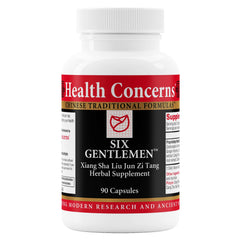 Health Concerns Six Gentlemen bottle front, traditional digestive support formula for daily comfort.
