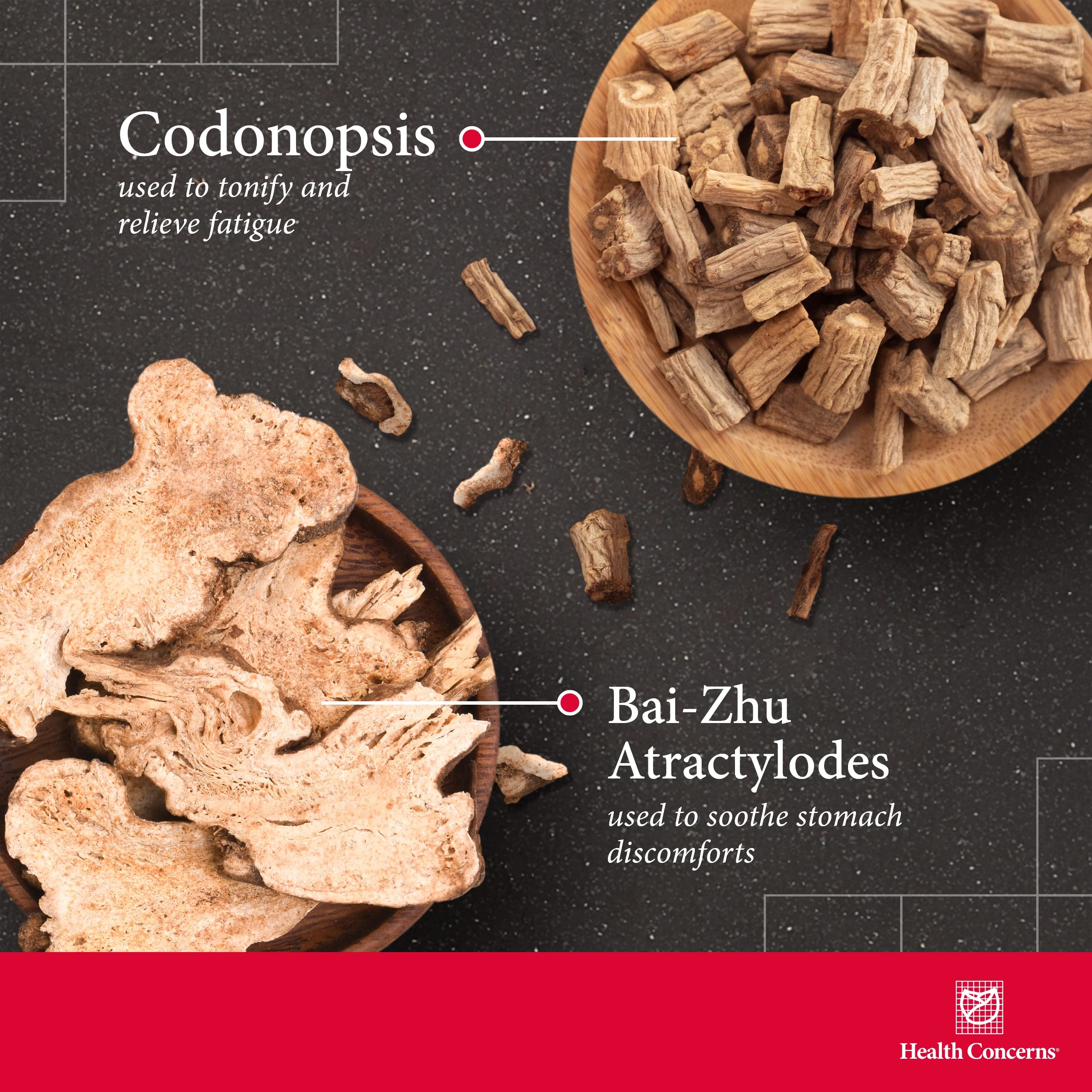 Health Concerns Six Gentlemen capsules reveal a rich herb blend for spleen and stomach balance.