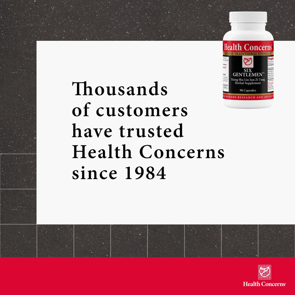 Health Concerns Six Gentlemen bottle closeup emphasizes traditional roots for ongoing digestive support.