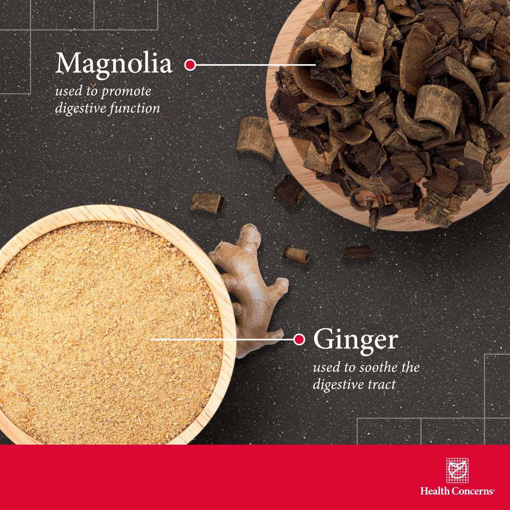 Health Concerns Stomach Caps with ginger rhizome highlight for gentle gut balance.