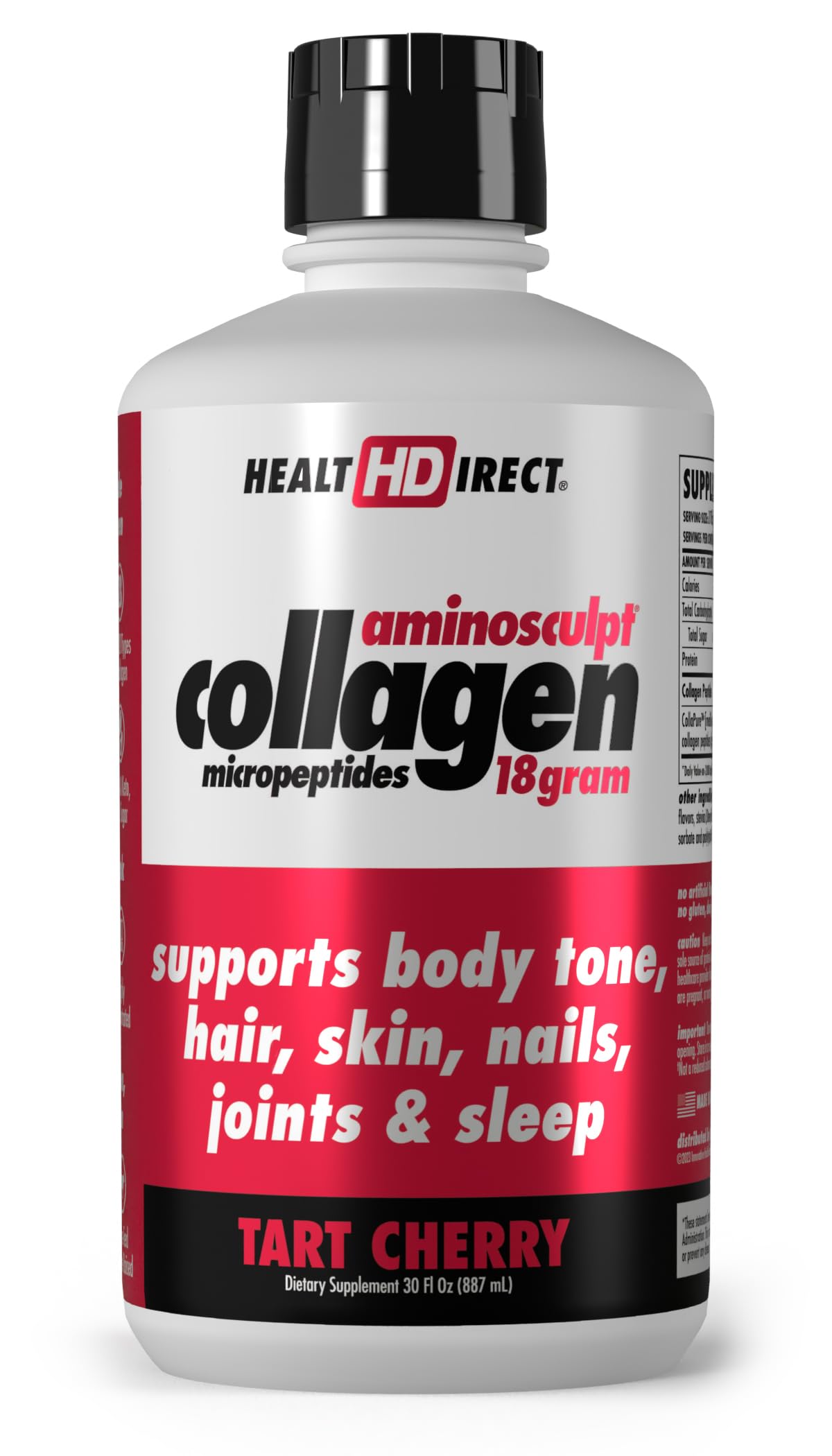 Health Direct AminoSculpt bottle front shows tart cherry flavor for daily collagen intake.