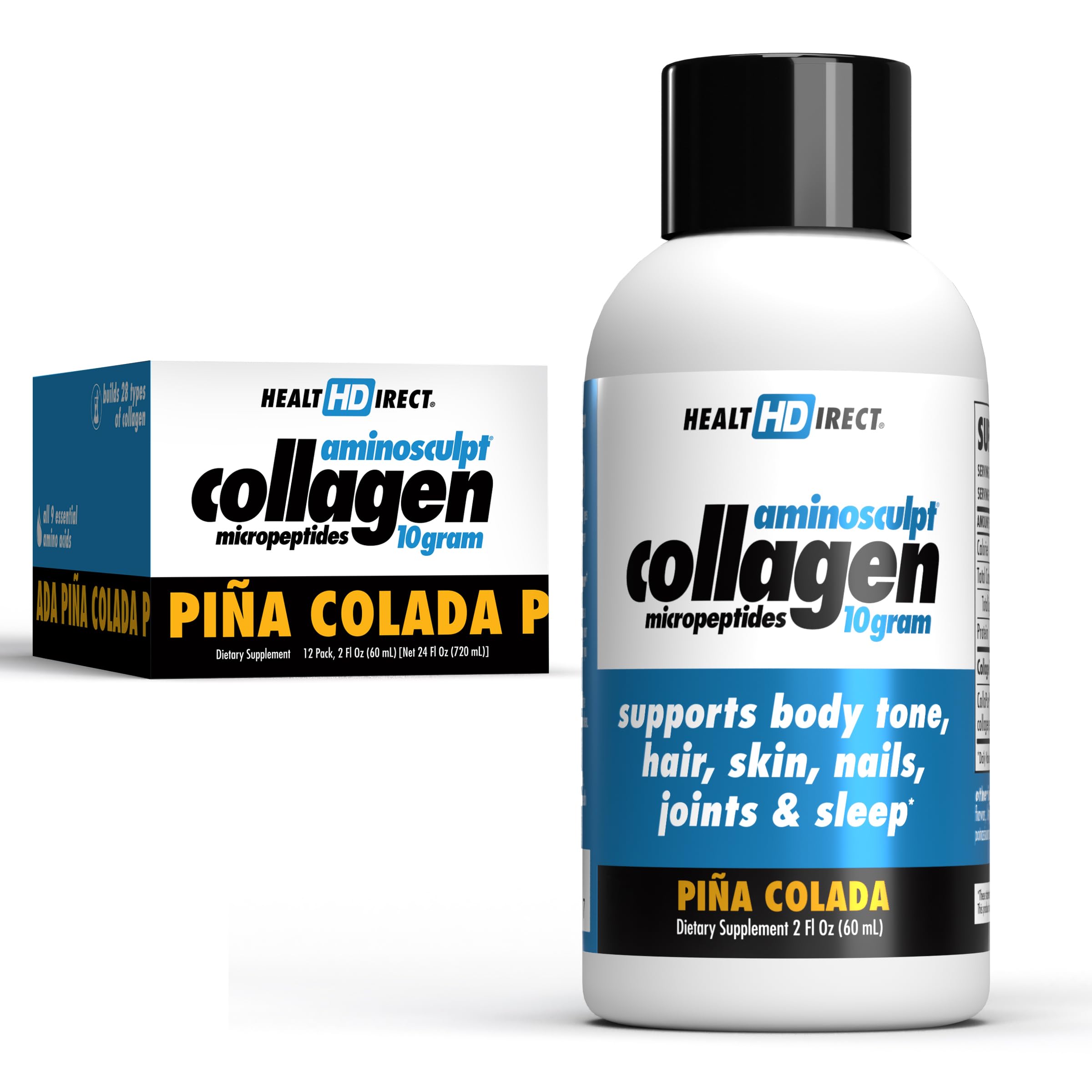 HEALTH DIRECT AminoSculpt Piña Colada bottle highlights convenient liquid collagen.