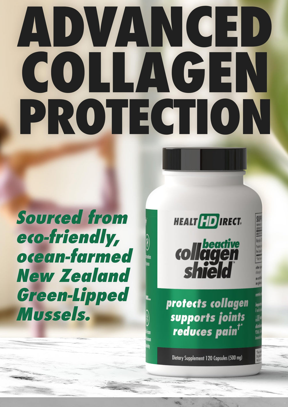 Health Direct BeActive Collagen Shield label highlighting Green-Lipped Mussel blend benefits.
