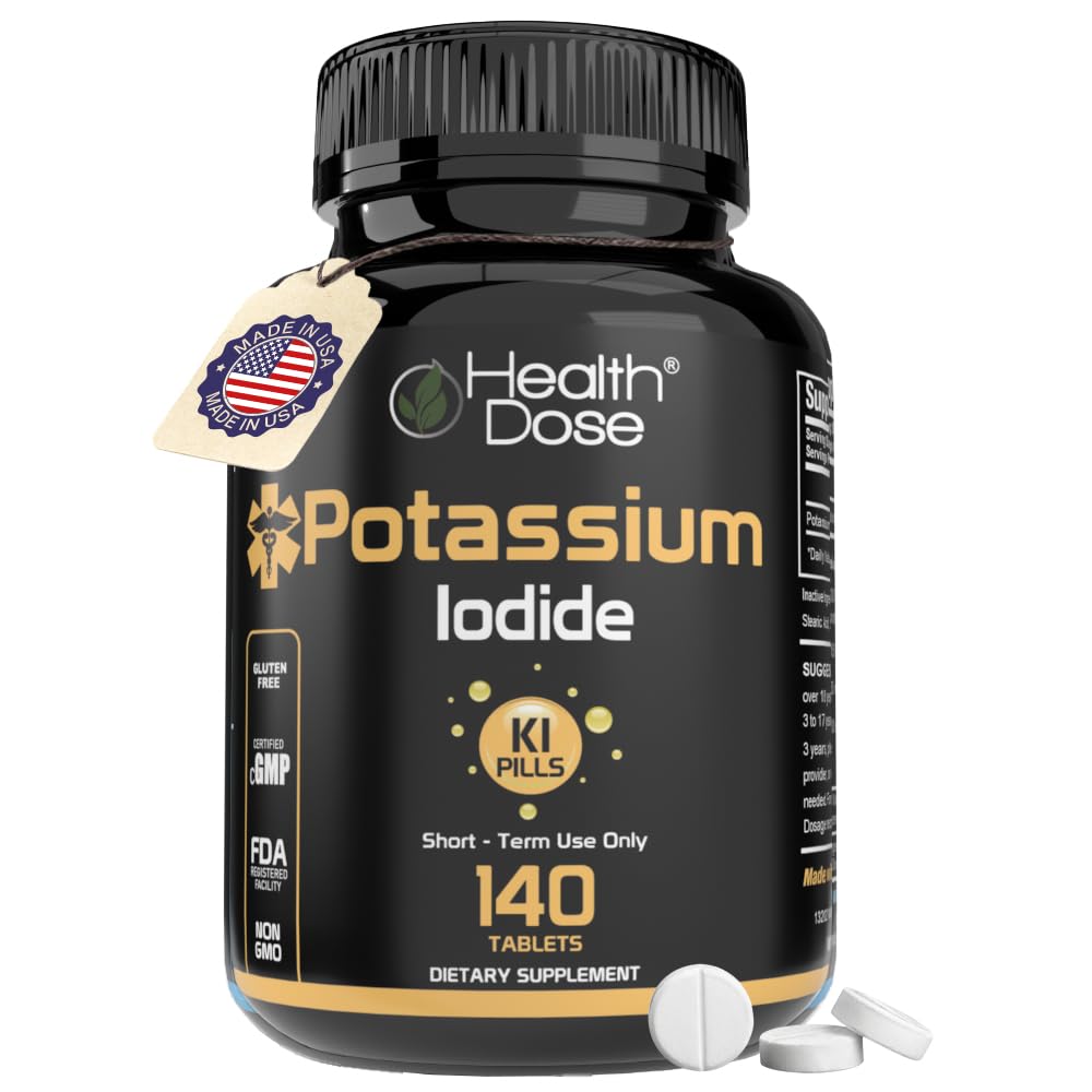 Health Dose KI tablets in a bottle for daily thyroid support.