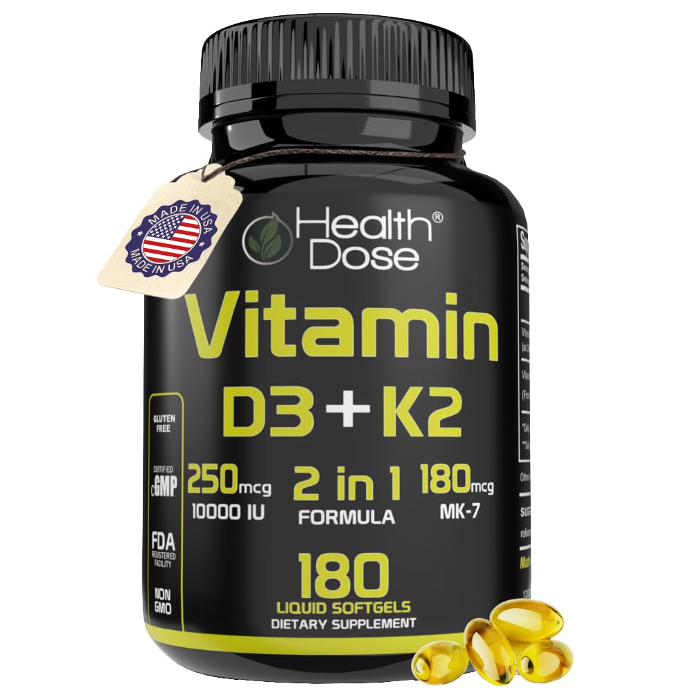 Health Dose vitamin D3 + K2 softgel bottle promotes bone support and immune wellness.