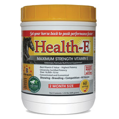 Health-E vitamin E powder bottle supports daily equine wellness and balanced nutrition.