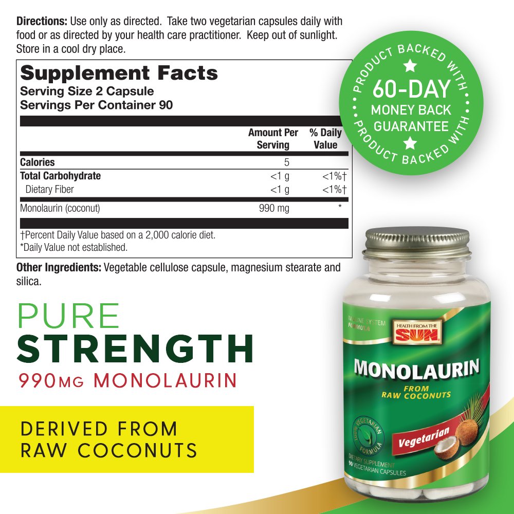 Health From The Sun Monolaurin 990mg capsules closeup showing vegetarian formula.
