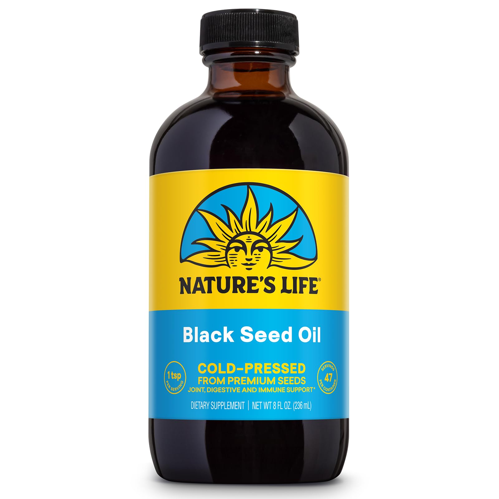 Health From The Sun Nature's Life black seed oil bottle front close-up, joint support.