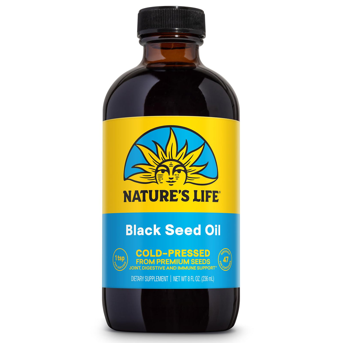 Health From The Sun Nature's Life black seed oil bottle front close-up, joint support.
