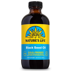 Health From The Sun Nature's Life black seed oil bottle front close-up, joint support.