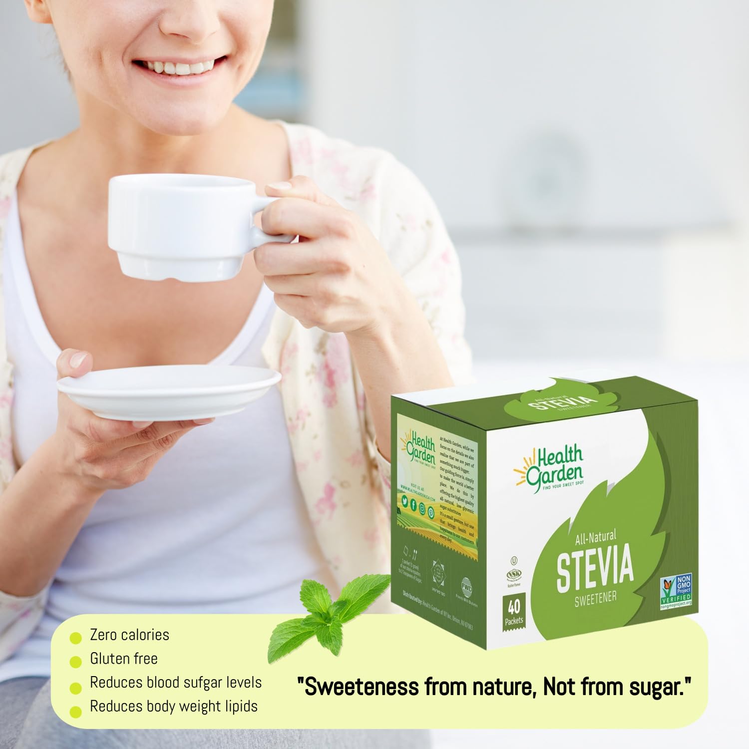 Health Garden Stevia packets held in hand highlight portability