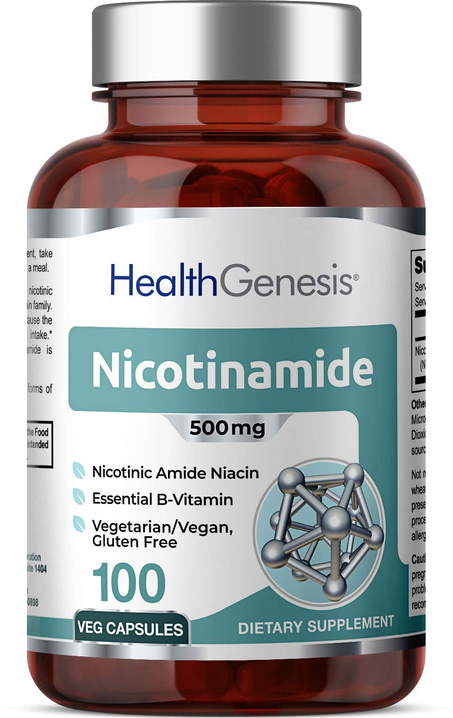 Health Genesis B3 Nicotinamide 500 mg bottle closeup for daily skin support