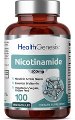 Health Genesis B3 Nicotinamide 500 mg bottle closeup for daily skin support