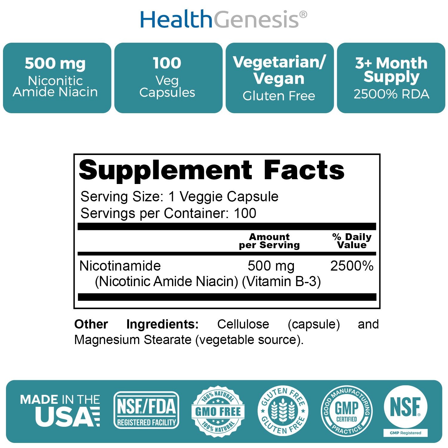 Health Genesis B3 Nicotinamide 500 mg bottle with dosage reminder