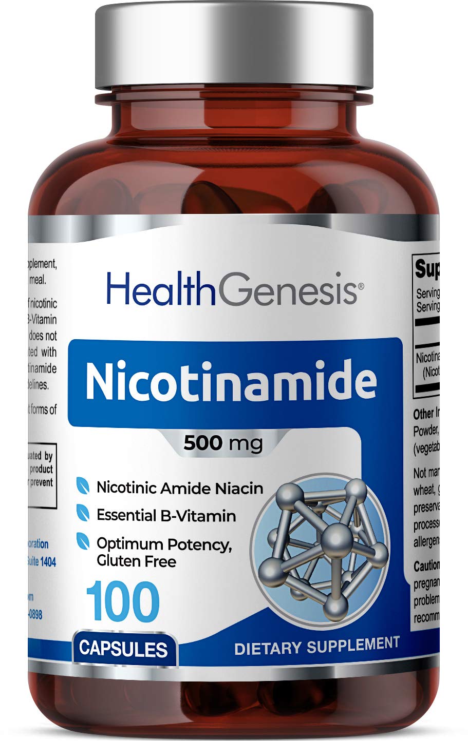 Health Genesis B-3 Nicotinamide 500 mg bottle front view showing label for skin support