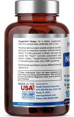Health Genesis B-3 Nicotinamide 500 mg bottle side view highlighting flush-free Niacin
