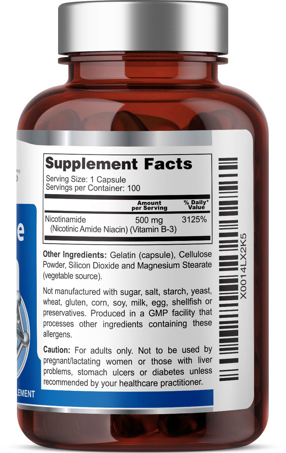 Close-up of Health Genesis B-3 Nicotinamide 500 mg capsules showing neat formulation