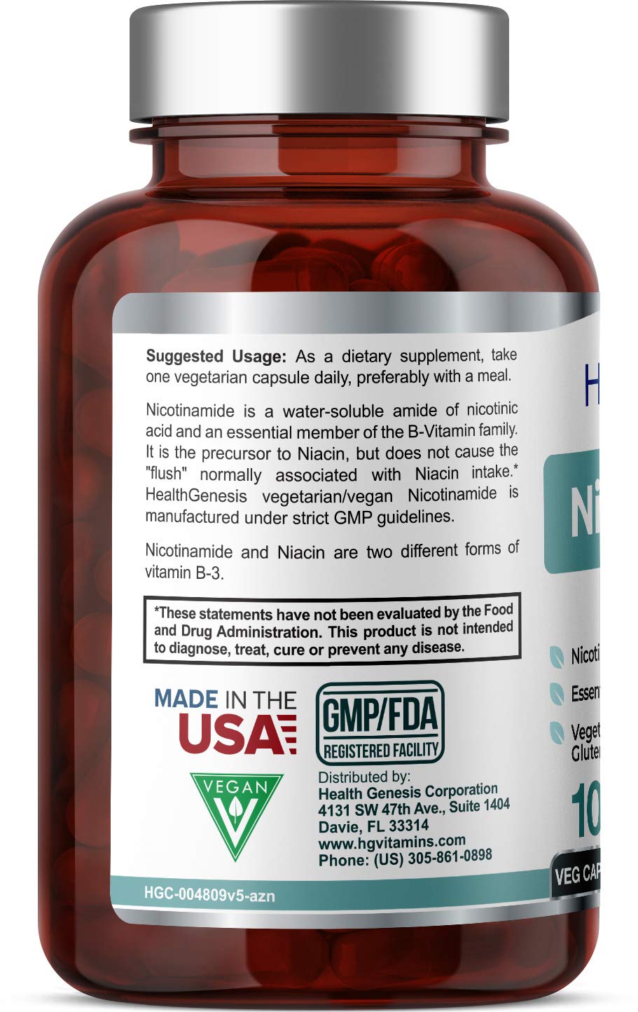 Health Genesis B3 Nicotinamide 500 mg capsules inside view promoting energy and skin health