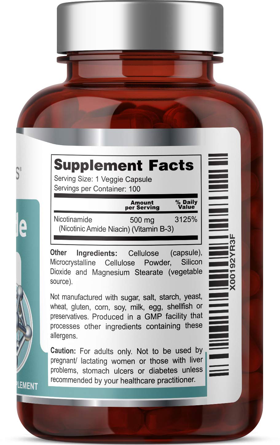Health Genesis B3 Nicotinamide 500 mg label front highlighting flush-free B3 benefits