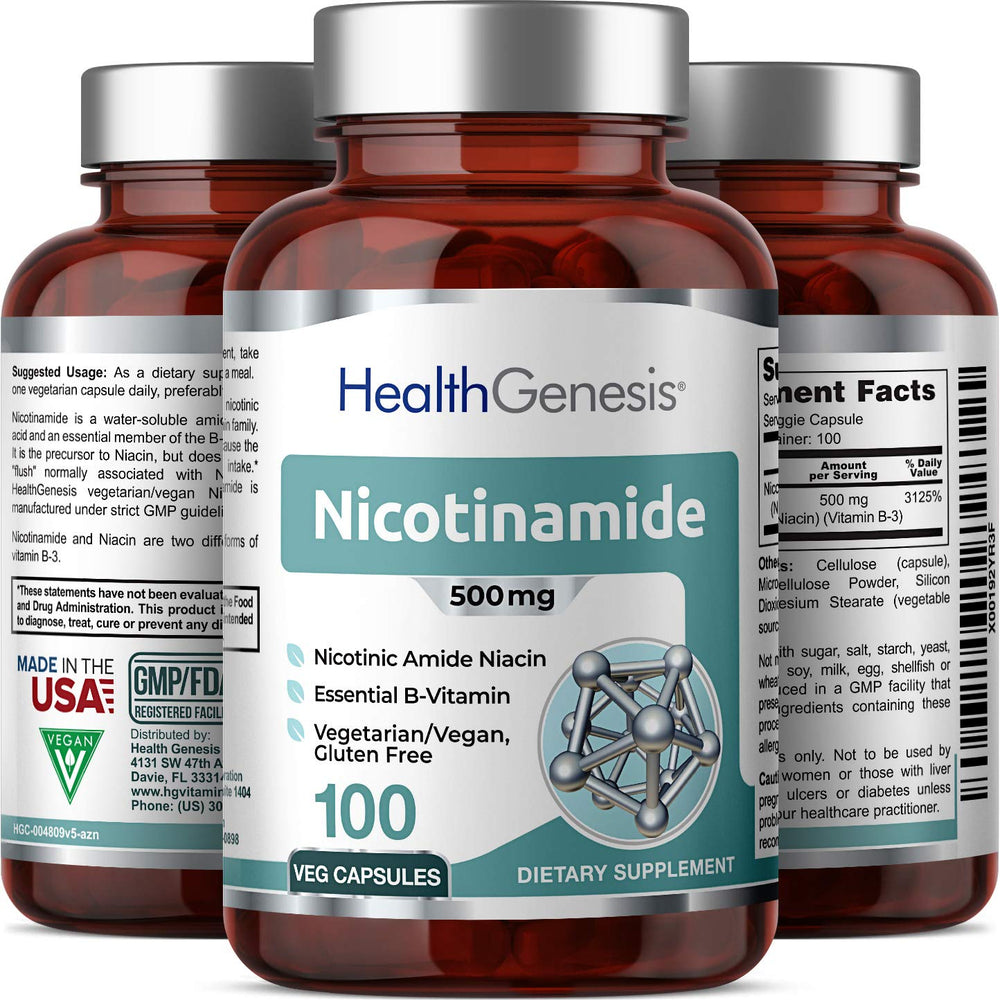 Health Genesis B3 Nicotinamide 500 mg packaging box with product details