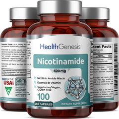 Health Genesis B3 Nicotinamide 500 mg packaging box with product details