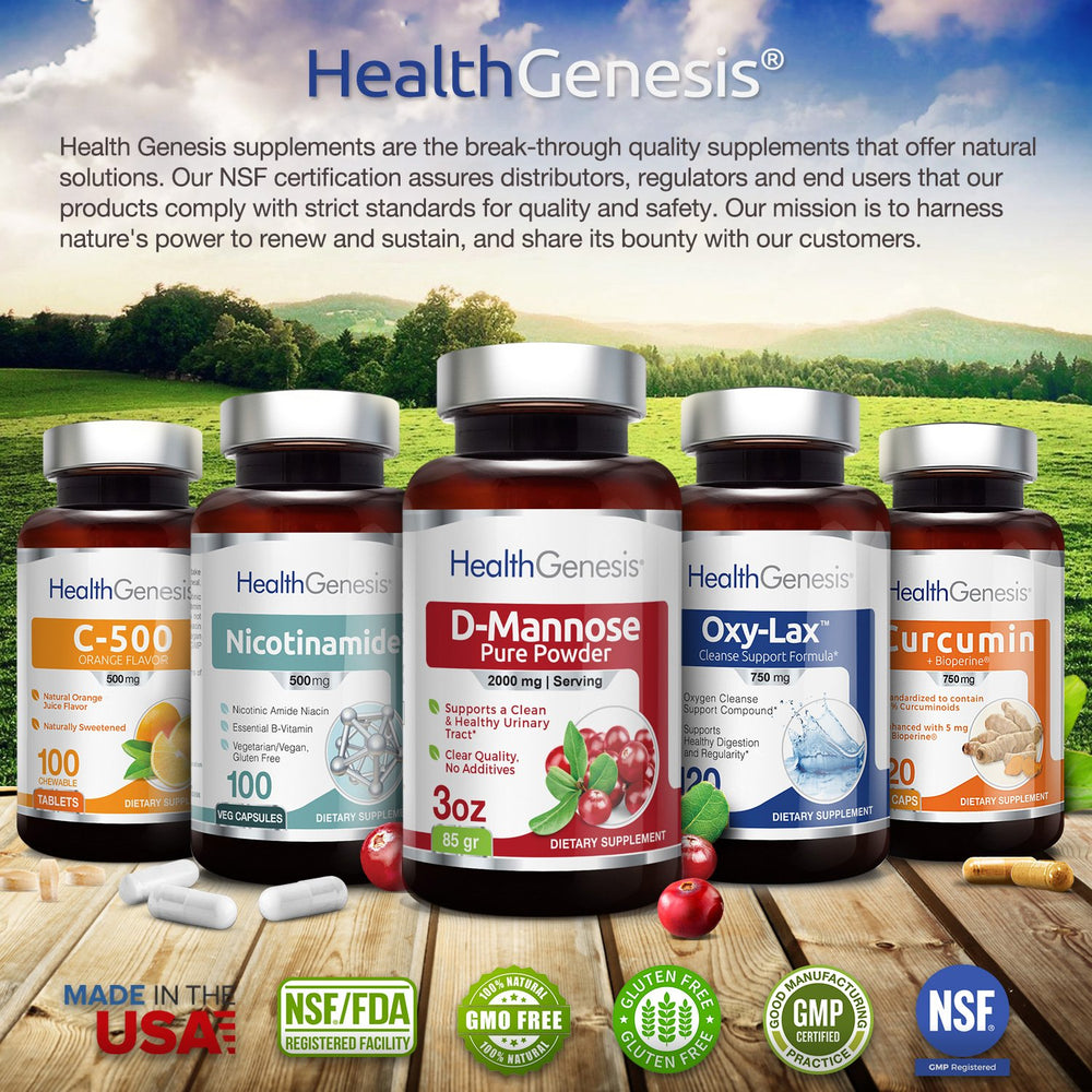 Health Genesis B3 Nicotinamide 500 mg on shelf display showing convenient daily use