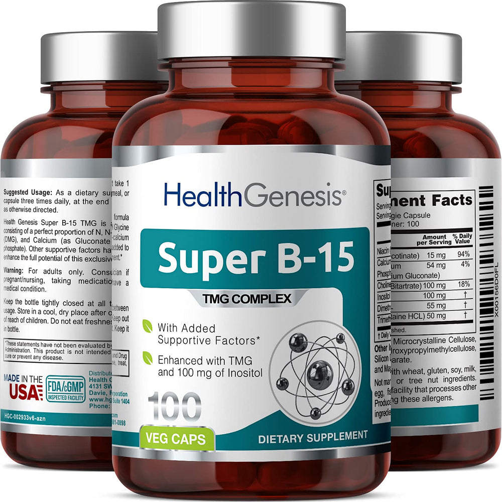 Health Genesis Super B15 dosage directions with three daily servings concept
