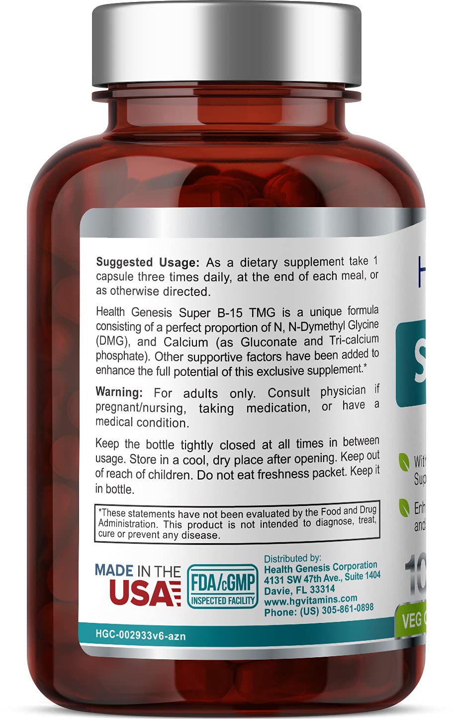 Health Genesis Super B15 ingredients label highlights DMG and calcium blend for vitality