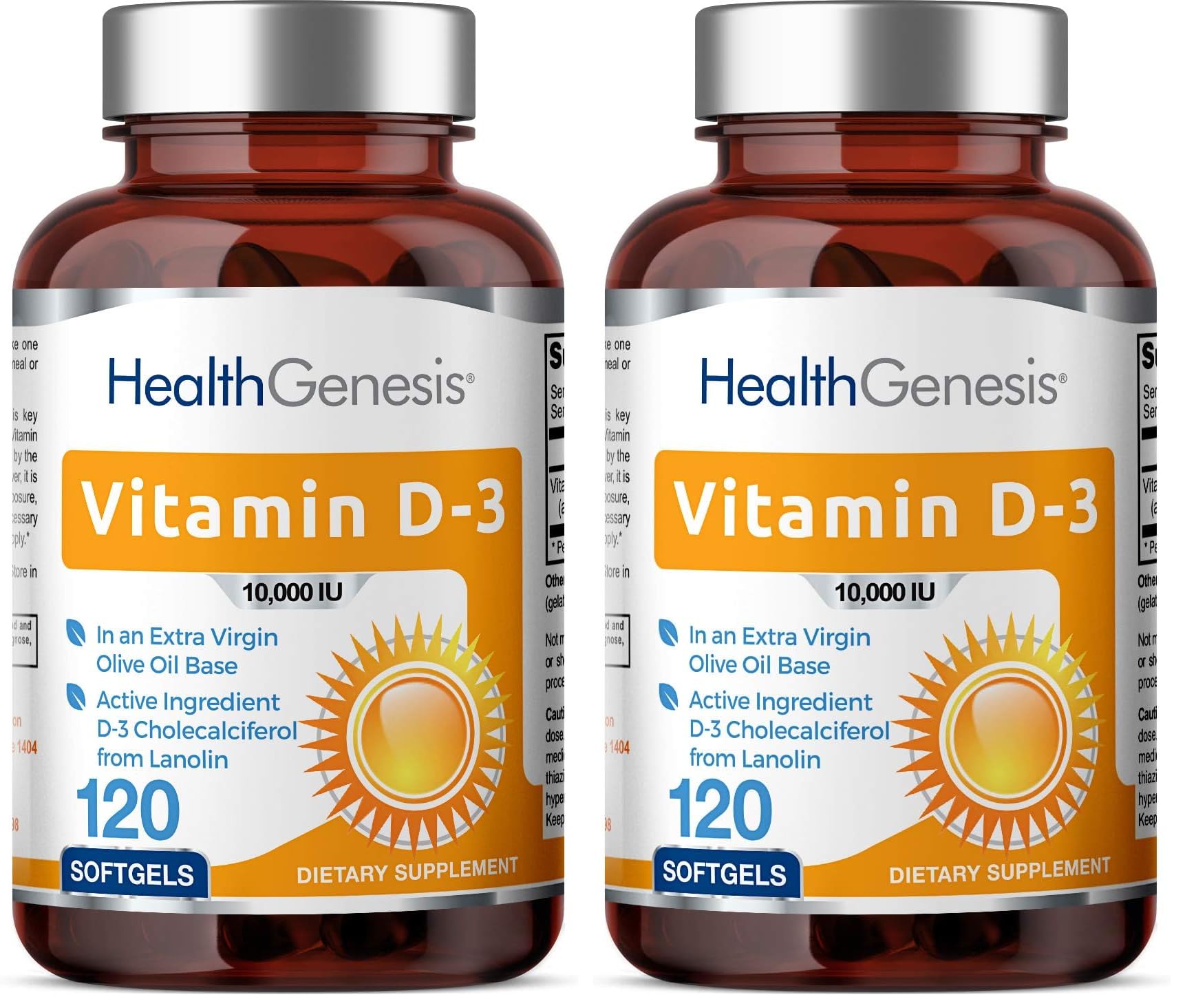 Health Genesis Vitamin D-3 softgels in EVOO bottle for easy daily intake.