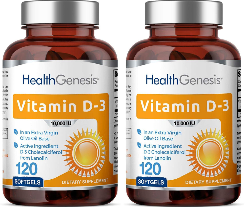 Health Genesis Vitamin D-3 softgels in EVOO bottle for easy daily intake.