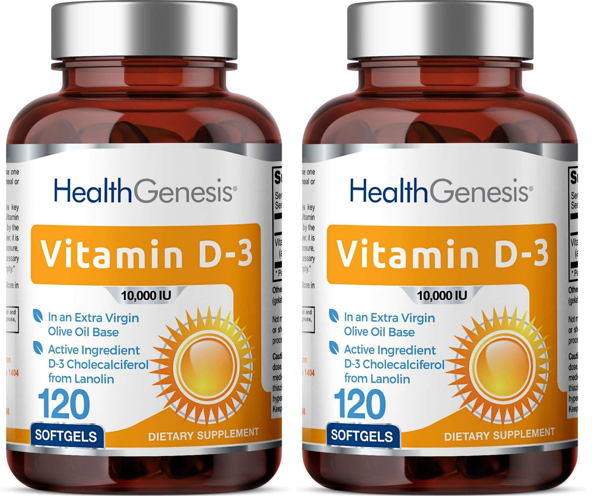 Health Genesis Vitamin D-3 softgels in EVOO bottle for easy daily intake.