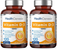 Health Genesis Vitamin D-3 softgels in EVOO bottle for easy daily intake.