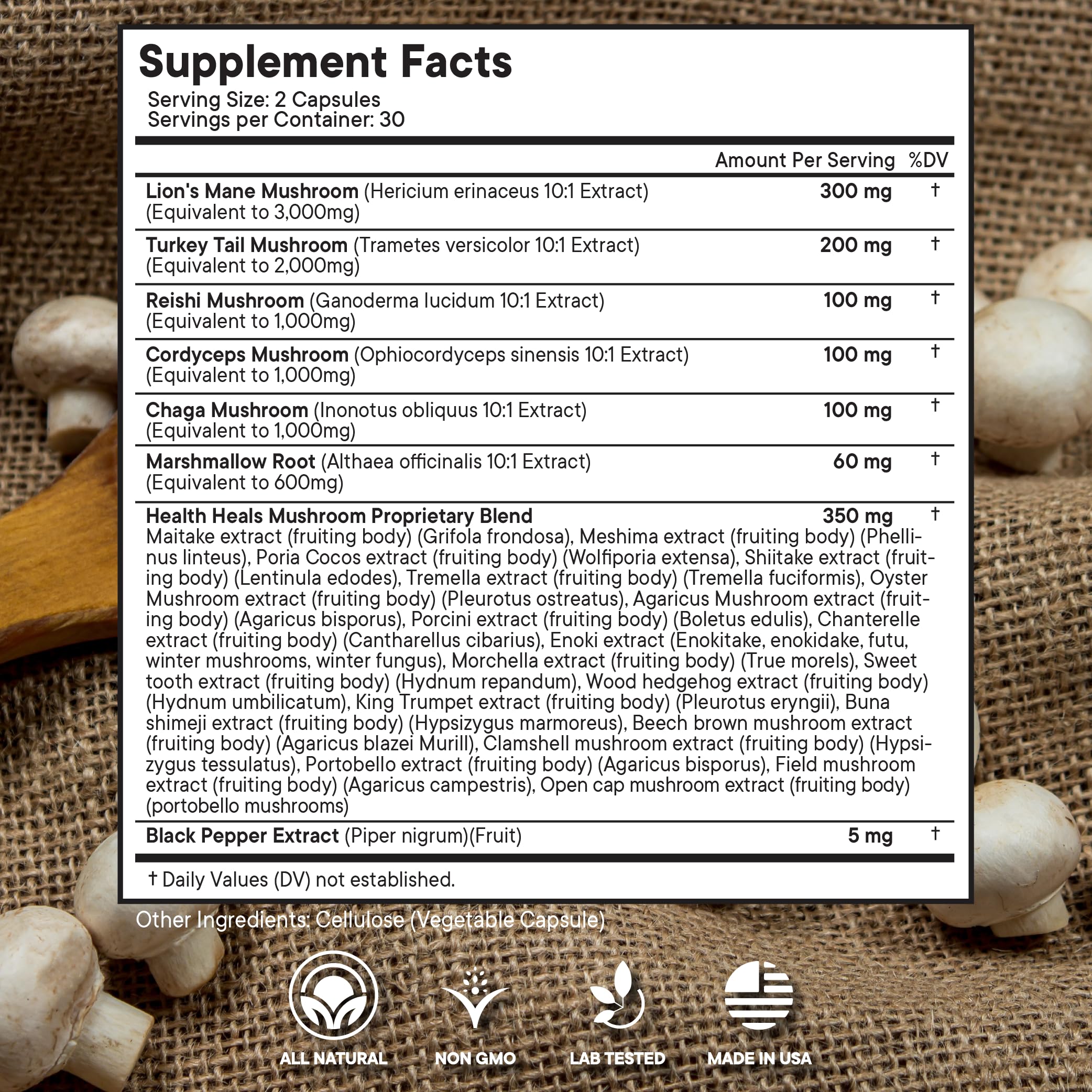Health Heals 20-in-1 mushroom complex capsules for broad daily wellness blend