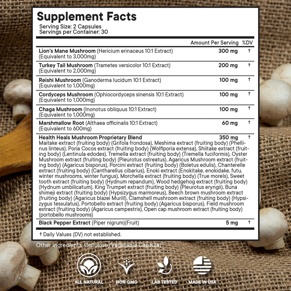 Health Heals 20-in-1 mushroom complex capsules for broad daily wellness blend