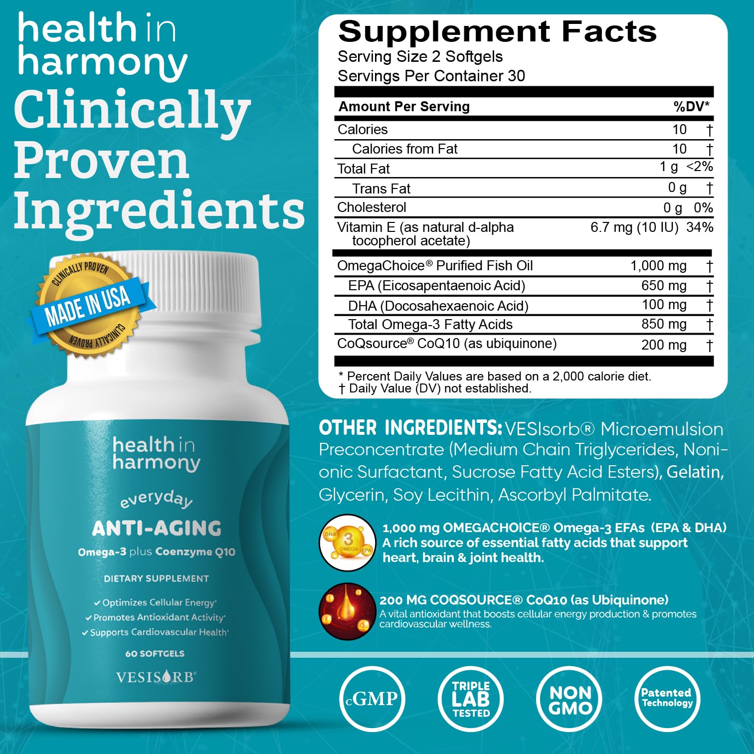 HEALTH IN HARMONY Clean non-GMO ingredients softgels for clean nutrition