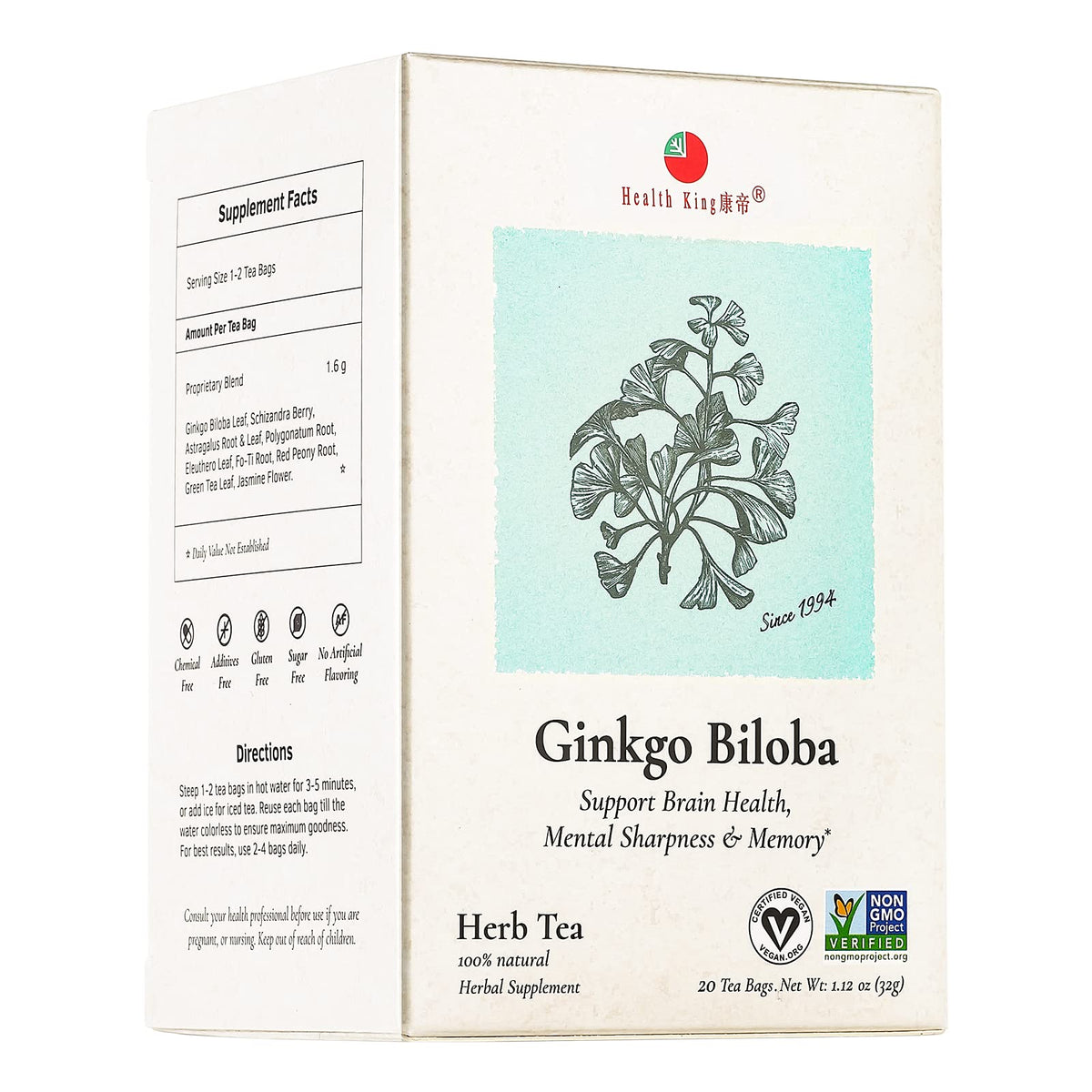 Health King Ginkgo Biloba Tea box front view showing traditional blend for daily focus