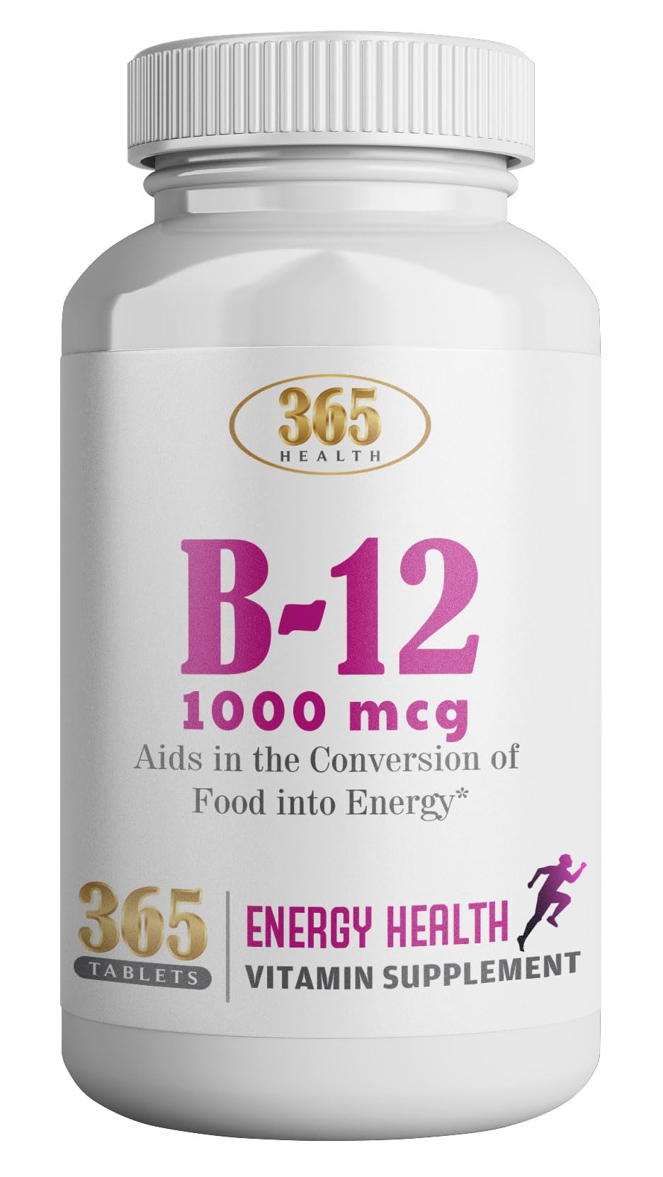 HEALTH LFE 365 B12 bottle with tablets ready for daily energy support.