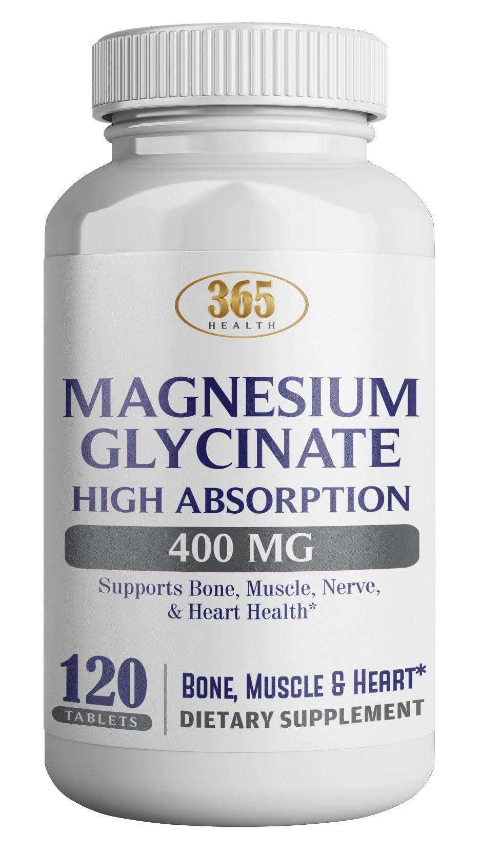 HEALTH LFE 365 Magnesium Glycinate bottle highlighting high absorption.