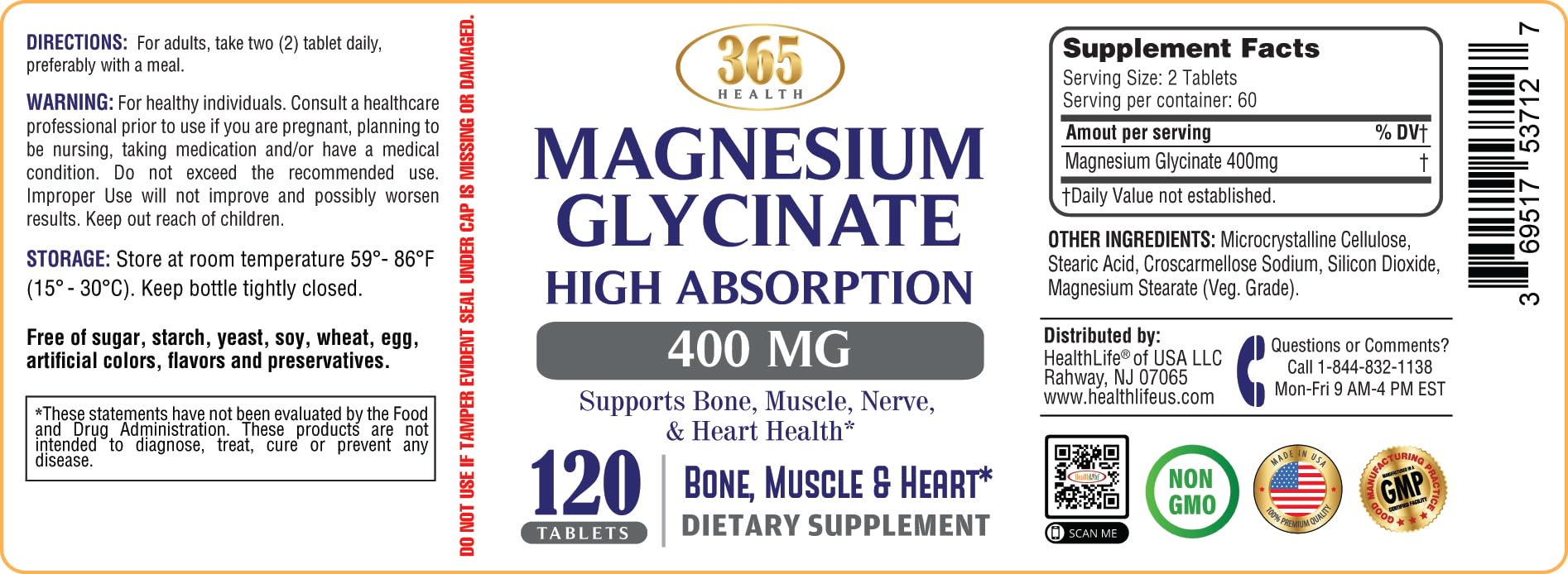 HEALTH LFE 365 Magnesium Glycinate glass with pills for daily use.