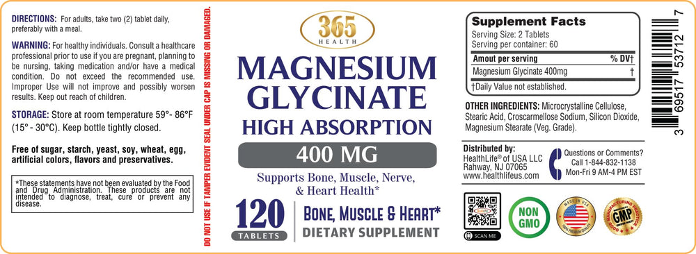 HEALTH LFE 365 Magnesium Glycinate glass with pills for daily use.