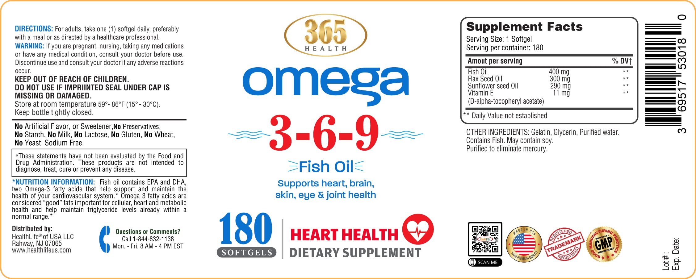 HEALTH LFE Omega 3-6-9 ingredients blend from fish, flaxseed, and borage oils.